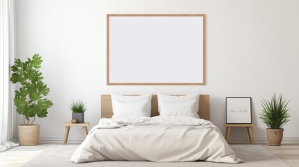 A white empty blank frame mockup mounted on a white wall in a contemporary bedroom, with a cozy bed and artistic wallpaper.