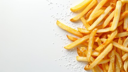 A pile of crispy golden french fries sprinkled with salt on white background.