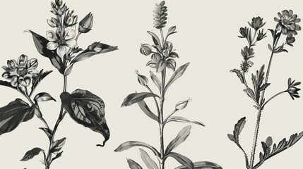 Detailed Botanical Drawings of Floral Patterns and Plant Anatomy