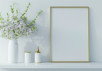 Modern interior design with blank frame mockup and spring flowers on white shelf. Japandi home decor. Luxury golden frame mockup. Scandinavian home interior design of modern living room, kitchen