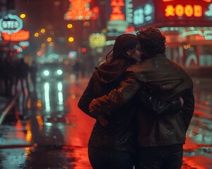Obraz premium A couple embraces while walking in a neon-lit city street at night, reflecting lights on the wet pavement, capturing urban romance.
