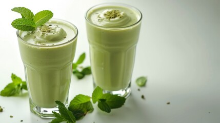 A close-up of a refreshing green smoothie served in a glass, garnished with fresh mint leaves.