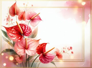 Elegant vibrant red and pink anthurium flowers on soft watercolor background for greeting cards.