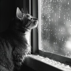 A cat is looking out the window at raindrops