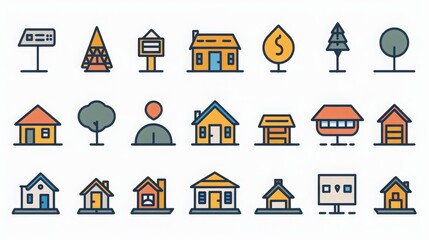 A set of colorful residential and natural icons, including various houses, trees, and signs, ideal for graphic design and web projects.