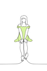 woman sitting in a green dress with open drooping shoulders with palms on her knees - one line art vector