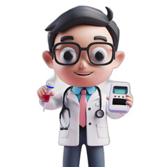 3D Endocrinologist Character Conducting Blood Sugar Test with Medical Equipment in Hand