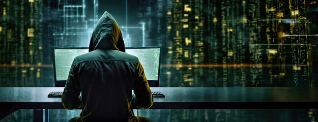 A hooded figure sitting in front of dual monitors in a dimly lit room with green digital codes, symbolizing a hacker engaged in cyber activities.