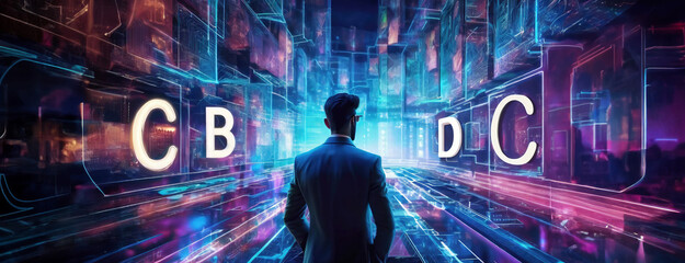 A man in a suit stands in a futuristic digital environment with CBDC representing the concept of central bank digital currencies and modern finance.