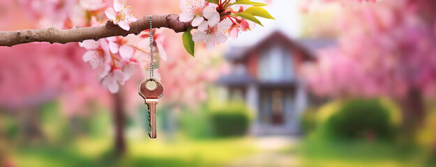 A key hanging from a branch with a house in the background, capturing the essence of homeownership, new beginnings, and the beauty of spring.