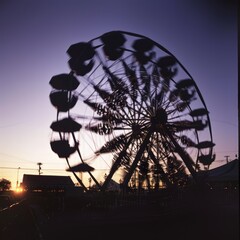 A blurry image of a Ferris wheel at dusk