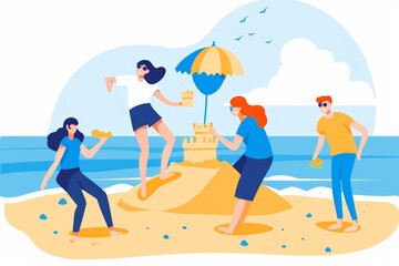Fototapeta premium Illustration of four friends building sandcastle on beach under umbrella. Bright, vibrant colors and sunny weather. Captures fun, friendship, and summer enjoyment. Ocean and seagulls in background.