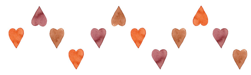 Fototapeta premium Multi-colored hearts in watercolor. Romantic border for design. Isolated illustration element. Geometric seamless zigzag pattern of hearts