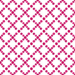 Checkered diagonal print. A simple seamless pattern imitating a honeycomb. Diamond-shaped squares made from pink dots. Ideal for packaging, textiles and wallpaper. White background