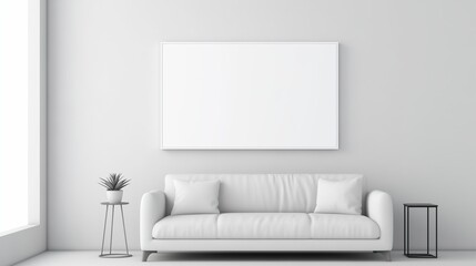 A white empty blank frame mockup mounted on a white wall in a sleek office, with glass partitions and modern furniture.