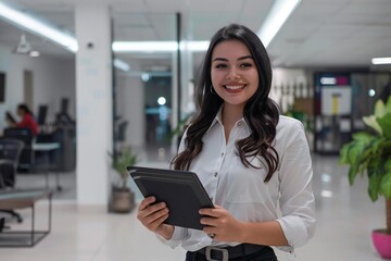 Senior female Hispanic engineer analyzing data using tablet in corporate workspace