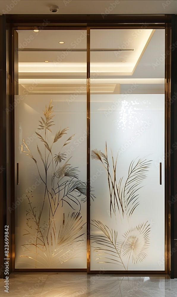 Canvas Prints Plant patterns are printed on the light-colored sliding doors, warm