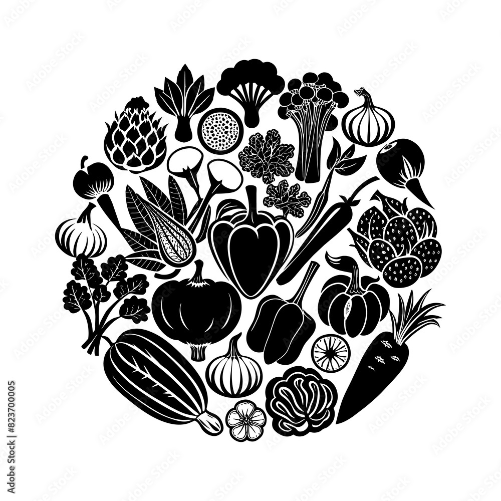 Wall mural a black and white drawing of vegetables including a black and white photo of vegetables.