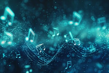 A background of musical notes and symphonic waves, representing the harmony between music and AI technology.
