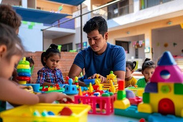 Young male Hispanic teacher facilitating learning activities with diverse group of preschool students using educational toys in classroom.