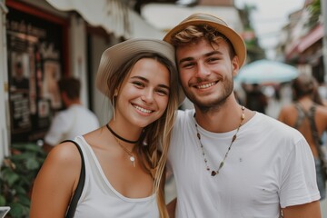 Obraz premium Portrait of a handsome young Caucasian couple. Street photography, contemporary style. Happy couple smiling on a city street