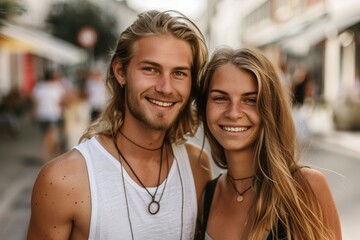 Portrait of a handsome young couple. Street photography, contemporary style. Happy couple smiling on a city street