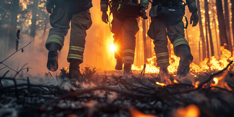 A team of highly qualified firefighters is walking through a burning forest, the view from below, the rays of the sun are breaking through the smoke. Fighting forest fires as well. Profession-firefigh