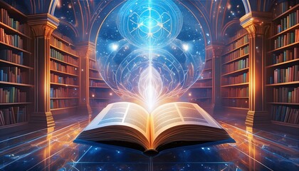 A book floating in an ethereal library pages filled with ancient knowledge and future predictions,...