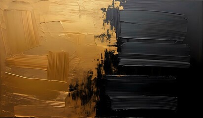 Abstract gold and black acrylic paint on a wall.