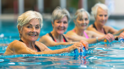 Fototapeta premium Active elderly women enjoying water aerobics class in pool