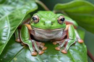 Fototapeta premium Large tree frog peeping out of a leaf, high quality, high resolution