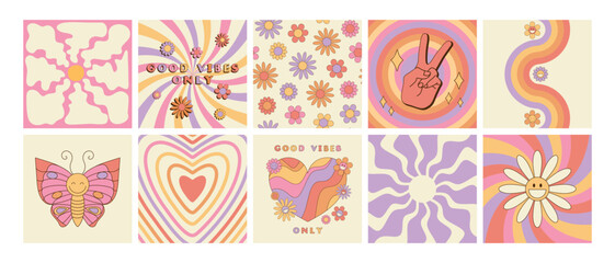 Set of groovy retro style cards with hippie symbols. Good vibes only slogan, daisy flowers seamless pattern, butterfly, sunburst, twisted waves and peace sign