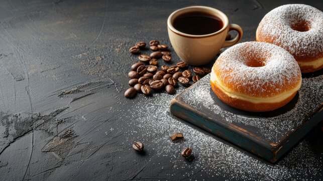 Fresh donuts with powdered sugar and black coffee on rustic background