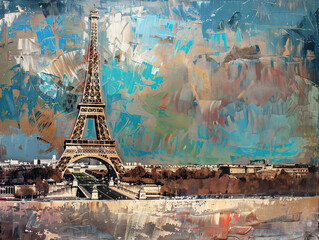 An abstract painting of the Eiffel Tower with a clear sky background, emphasizing the iconic structure in a vibrant, modern artistic style