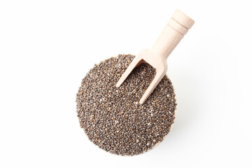 Chia seeds in bowl with wooden scoop on white background. Top view