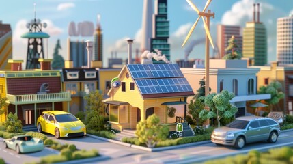 Smart eco city with downtown buildings and solar wind power station with battery energy storage