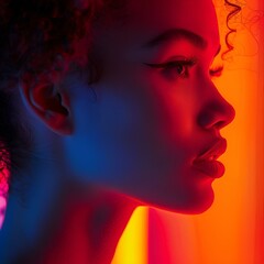 Beautiful black woman posing in front of vibrant colored wall, AI-generated.