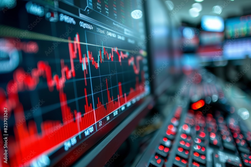 Aufkleber a computer monitor displays a graph of stock prices. the graph is red and shows a downward trend. in