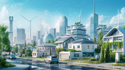 Smart eco city with downtown buildings and solar wind power station with battery energy storage