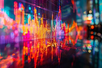 Fototapeta premium A colorful image of a city skyline with a lot of different colored lines and shapes. The image is abstract and has a lot of energy and movement