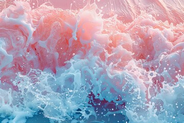 A pink and blue beach area with blue and pink waves splashing