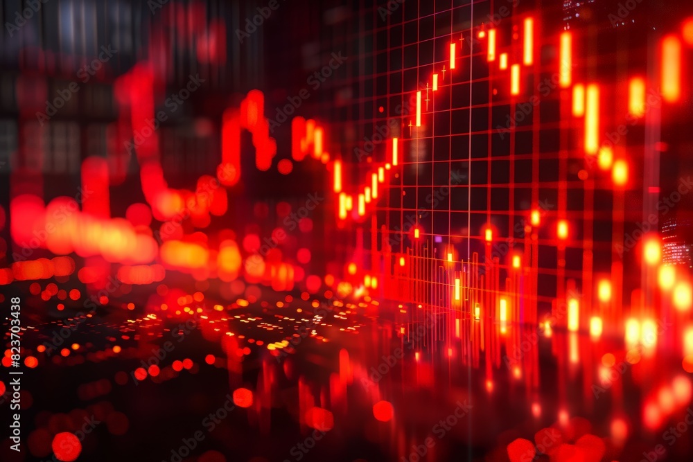 Aufkleber a red and orange graph with a downward trend. the graph is filled with many small dots, giving it a 
