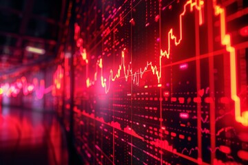 Fototapeta premium Red and black screen with a lot of numbers and lines. Scene is intense and serious. glow of a digital screen showcasing a declining stock market graph, with vivid red lines indicating a steep loss,