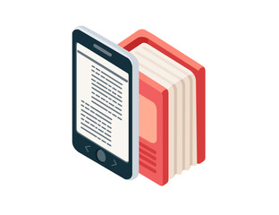 Online learning concept with Portable e-book reader and books vector illustration isolated on white background