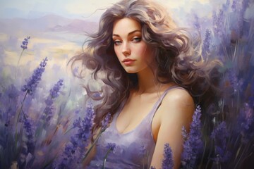 Artistic portrait of a dreamy woman surrounded by soft lavender flowers