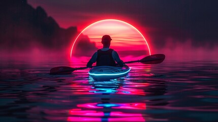 Silhouette kayaking on the beach with man looking at sunset in neon style and place for text banner