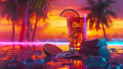 A vibrant, hyper-realistic editorial ad featuring a macro photo of a captivating raspberry gin advertisement, showcasing a beautifully composed glass of rich red liquid against a gradient background