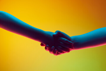 Children hands gesturing, kids shaking hands against gradient green yellow background in neon...