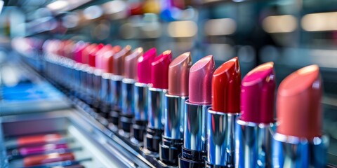 Vibrant lipstick collection on display at makeup store