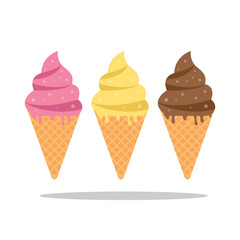 waffle cone ice creams in different flavors flat vector design